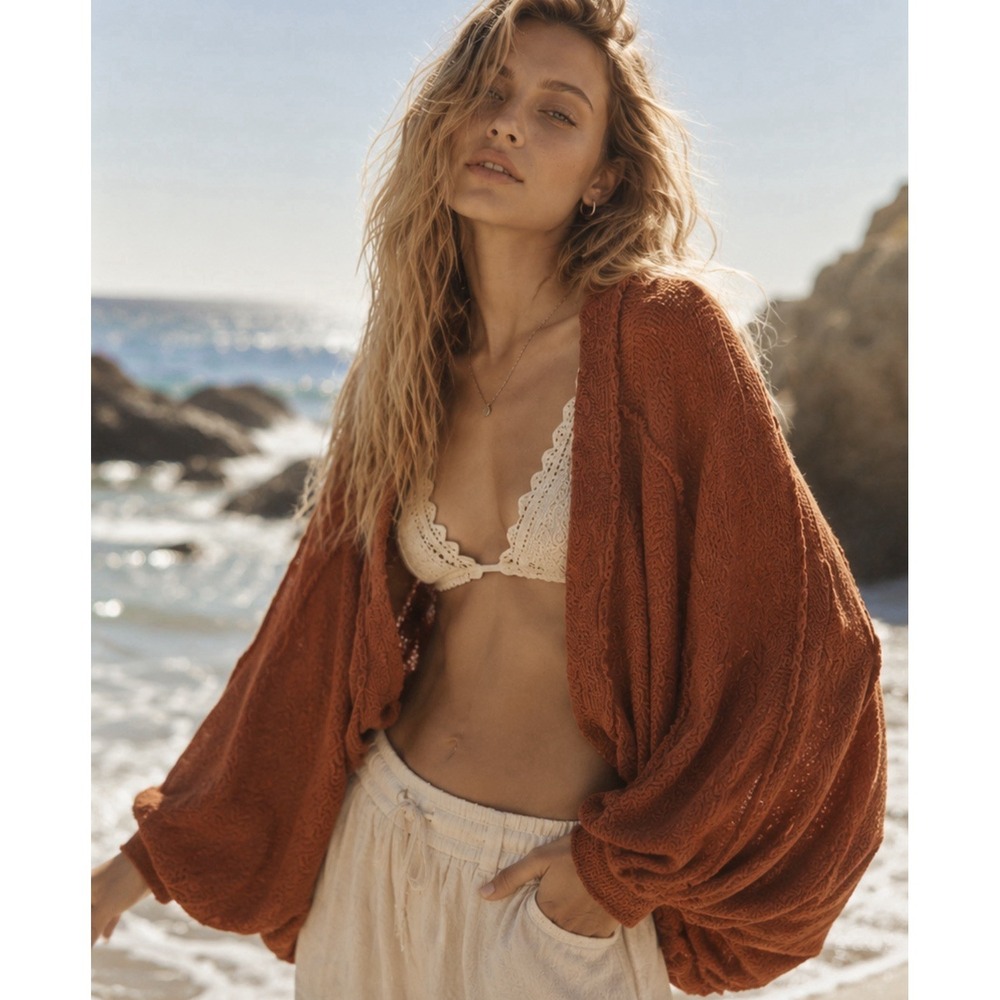 FP Beach Oversized Cotton Knit Cardigan XL Rust Brown Boho Beach Cover Up NWOT